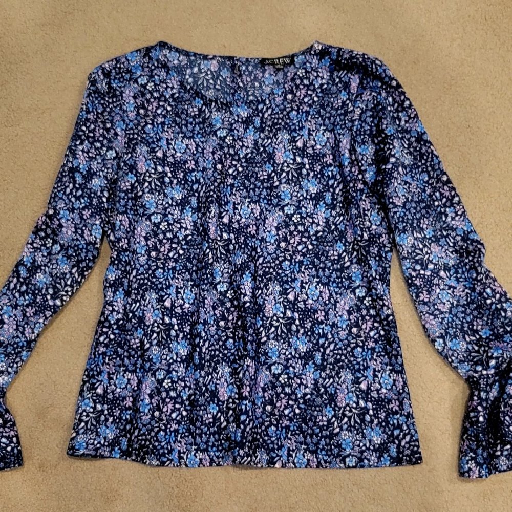 J Crew NWT Blue Floral Liberty Print Bell Sleeve Satin Blouse M